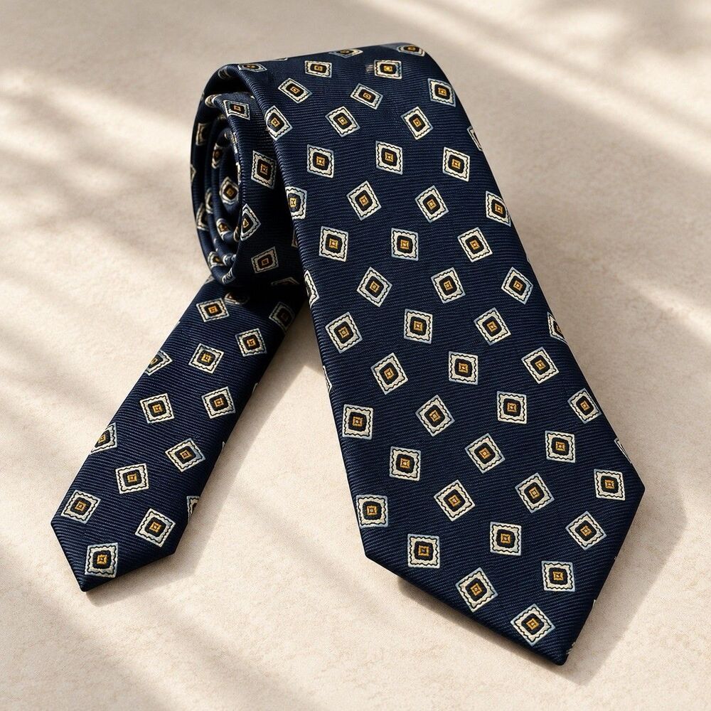 Polo Ralph Lauren 100% Silk Tie Navy Gold Geometric 56"x3.75” Handmade in Italy